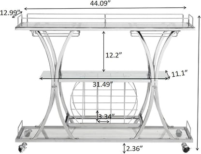 Silver Bar Carts with Glass Holders & Wine Rack,3 Tier Home Bar Serving Carts with Glass Shelves,Metal Rolling Bar Carts for The Home Kitchen, Party