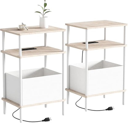 Small Side Table with Charging Station, Set of 2 End Table for Small Spaces, Slim Nightstand with Outlet,Sofa Beside Table, 3-Tier Storage Shelf,Living Room, Bed Room, Natrual Oak