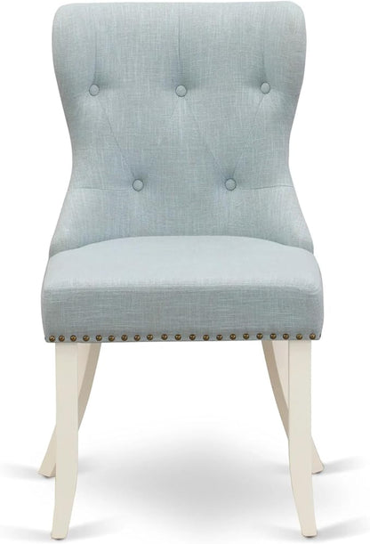 East West Furniture AMSI3-LWH-15 3 Piece Dining Table Set for Small Spaces Contains a Round Kitchen Table with Pedestal and 2 Baby Blue Linen Fabric Parsons Chairs, 36x36 Inch, Linen White
