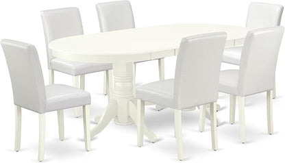 East West Furniture VAAB7-LWH-64 7 Piece Dinette Set Consist of an Oval Dining Room Table with Butterfly Leaf and 6 White Faux Leather Upholstered Chairs, 40x76 Inch, Linen White