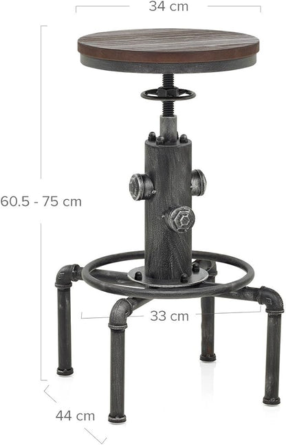Topower Antique Vintage Industrial Barstool Solid Wood Water Pipe Fire Hydrant Design Cafe Coffee Industrial Bar Stool Set of 2 Silver