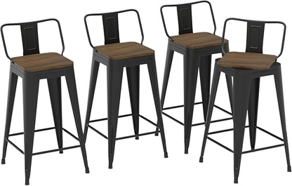 24 Inch Swivel Bar Stools Set of 4, Counter Height Bar Stools with Low Back, Metal Industrial Bar Chairs for Kitchen Island (Matte Black)