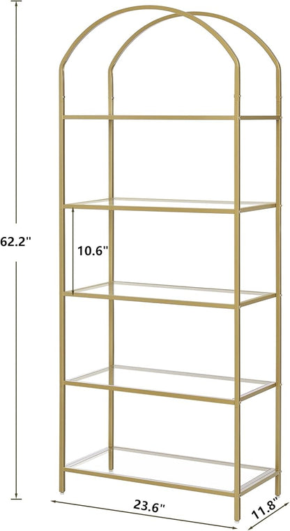 Homhedy Bookshelf Arched Display Racks,Metal Bookcase,Tempered Glass Shelves,Storage Rack Shelf for Home Office,Living Room,Bedroom, Bathroom,Modern Style (Golden, 11.8" D x 23.6" W x 62.2" H)