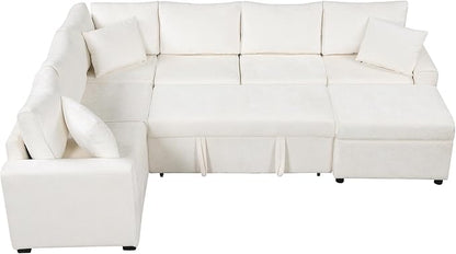 112" Luxurious Pull-out Sofa Bed Sleeper with Storage Ottoman,Sectional Sleeper Couch W/ 3 Pillows,2 USB ports & 2 Power Sockets,Corner Furniture Set for Living Room Large Space,Cream Chenille