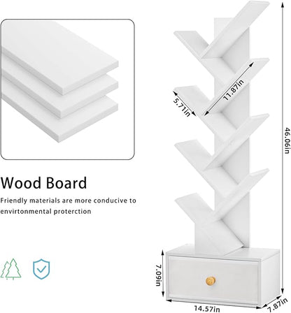 8 Tier Tree Bookshelf with Drawer, Free Standing Wood Bookcase for Living Room, Bedroom, Home Office, Space Saving Storage Organizer Bookshelves for Books, CDs, Vinyl Records- White