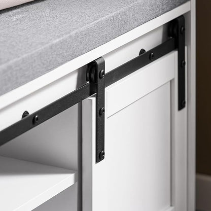 Haotian Industrial Style Shoe Storage Bench, Entryway Hallway Shoe Cabinet, Sliding Barn Doors, Drawer & Padded Seat Cushion, Rustic Window Bench for Mudroom (White) FSR198-W
