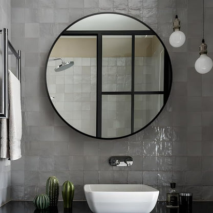 34inch Bathroom Round Mirror,Wall Mounted Vanity Mirror,Steel Frame,Black,Steel Frame