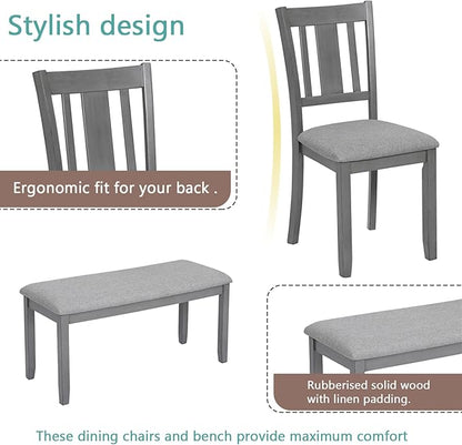soges 6 Piece Kitchen Dining Table Set, Wooden Dining Table with 4 Upholstered Chairs and a Bench for 6 People, Living Room, Home and Kitchen, Table Chairs Set, Grey