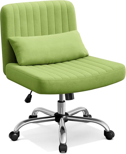 Warmiehomy Criss Cross Office Chair with Wheels, Velvet Cross-Legged Desk Chairs for Home, Height Adjustable Swivel Wide Seat Computer Chair, Morden Vanity Chair for Women, Light Green
