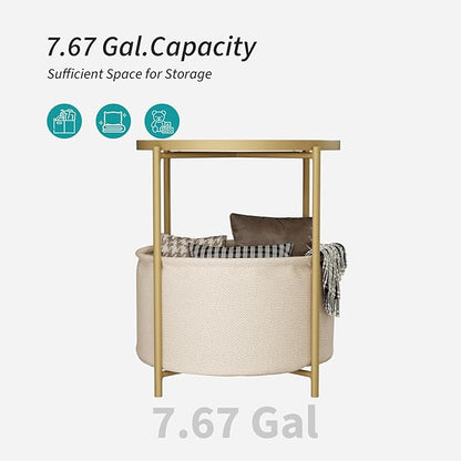 2 Tier Modern Side Table, Round End Table Living Room with Fabric Basket, Small Metal Bedside Nightstand with Removable Tray for Living Room, Bedroom, Office, Gold