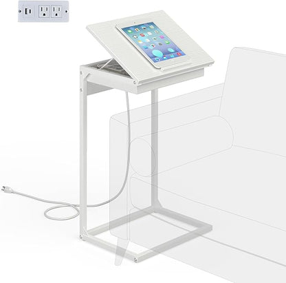 C Shaped End Table with Charging Station, 45° Tiltable Adjustable Flip Top Side Table with Storage,Small C Table for Small Spaces,Slide Under Couch Sofa Bedside Table for Living Room,White