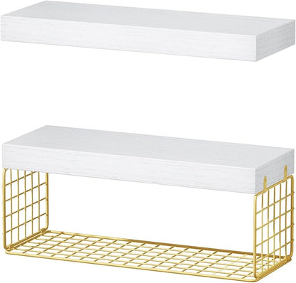 QEEIG Bathroom Shelves Over Toilet - Wall Mounted Floating Shelves Toilet Paper Storage Small Modern Decor Shelf 16 inch Set of 2, White and Gold (019-WG2)