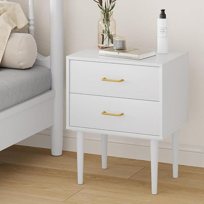 Set of 2 White Nightstand with 2 Drawers,Tall Night Stand with Gold Handles, Bedside Table with Solid Wood Legs, Nightstands for Bedroom