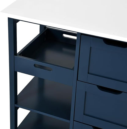 YITAHOME Small Solid Wood Top Kitchen Island Cart on Wheels with Storage, Rolling Portable Dining Room Serving Utility Carts Mobile Movable with 3 Drawers Cabinet, Navy Blue