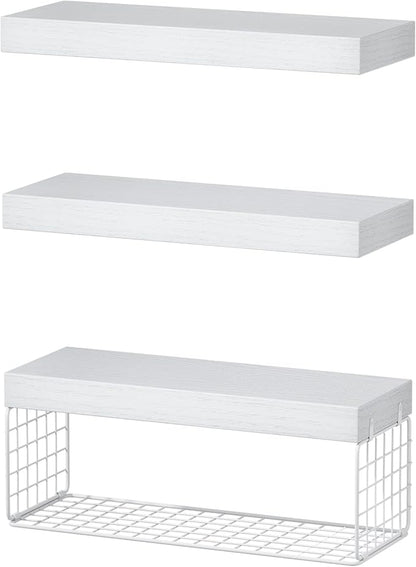 QEEIG Bathroom Shelves Over Toilet - Wall Mounted Floating Shelves Toilet Paper Storage Small Farmhouse Decor Shelf 16 inch Set of 3, White (019-W3)