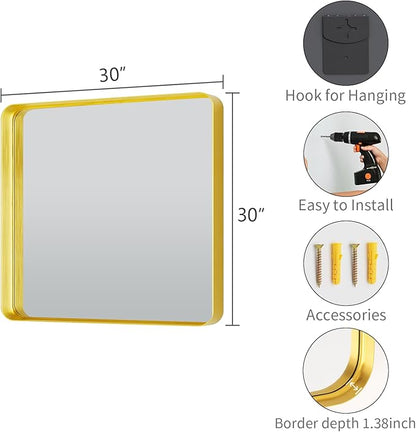 Koonmi Gold Wall Mirror for Bathroom, 30x30 Inch Matte Deep Framed Rounded Rectangle Vanity Mirror for Farmhouse Living Room, Tempered Glass, Anti-Rust, Vertically or Horizontally