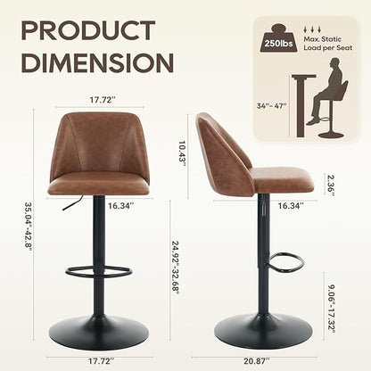 COLAMY Bar Stools Set of 2, Modern Swivel Bar Chairs, Adjustable PU Leather Upholstered Barstools Counter Height with Full Backrest for Bar, Dining Room, Kitchen Island, Brown