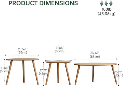 Small Oval Nesting Table, Mid Century Coffee Table for Living Room,Solid Oak Wood End Tables,Triangle Tabletop with 3 Legs,Minimalist Display Living Tables (Original Wood Color, 3 Pieces)