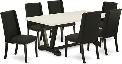 East West Furniture V627FL624-7 7 Piece Modern Dining Table Set Consist of a Rectangle Wooden Table with V-Legs and 6 Black Linen Fabric Parson Dining Chairs, 40x72 Inch, Multi-Color
