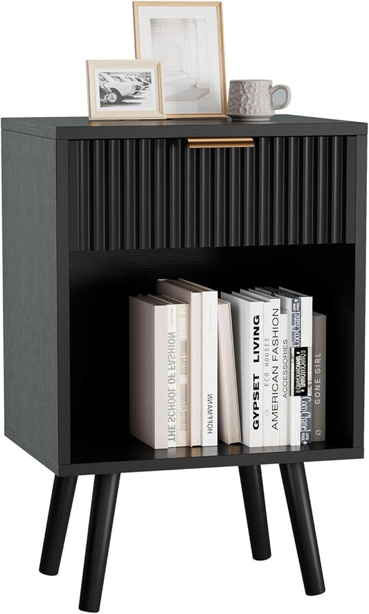YMYNY Mid Century Modern Nightstand, Side Table, Fluted Night Stand with Drawer, Open Shelf Unit, Golden Handle, Solid Wood Legs, Bedside Table, for Bedroom, Black UHST013B