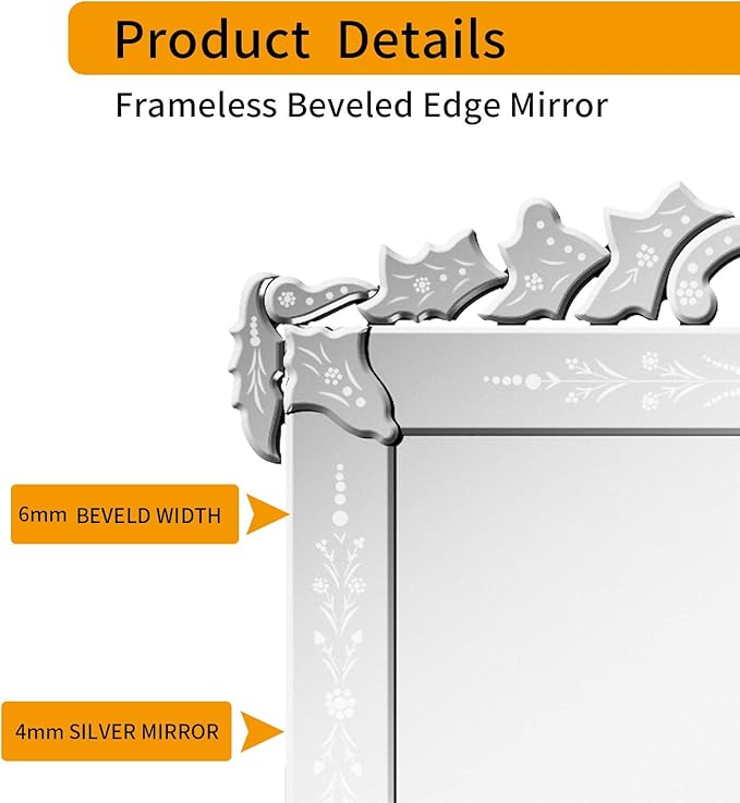 KOHROS Large Decorative Wall Mirrors for Living Room 41x31 Inch Venetian Wall Mirror with Ornate Crown, Etched Floral Design Beveled Edge Rectangle Decorative Mirror for Bedroom Dining Room Hallway