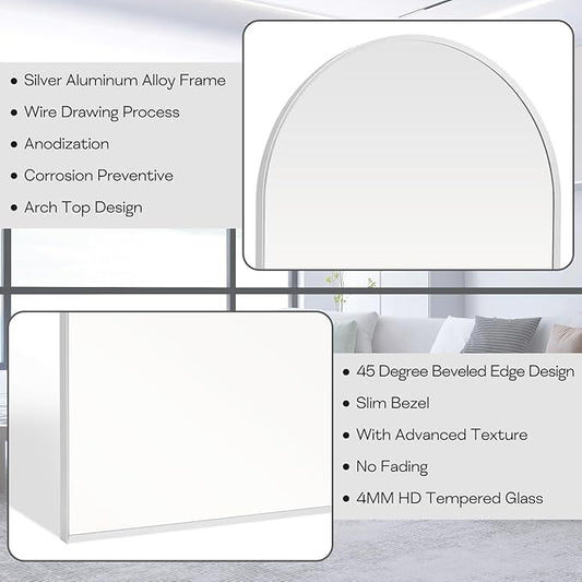 28" x 36" Silver Arched Mirror, Large Arch Bathroom Vanity Mirror, Modern Aluminum Alloy Metal Frame Arch Mirror for Living Room, Bedroom, Entryway, Tempered Glass, Shatter Proof, Anti-Rust