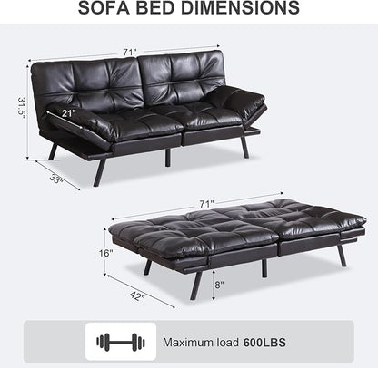 Vipbear Futon Sofa Bed Couch, 71" Convertible Sofa Bed, Space-Saving Loveseat with Adjustable Backrest & Armrest for Living Room,Apartment,Office,Black Sleeper Sofa