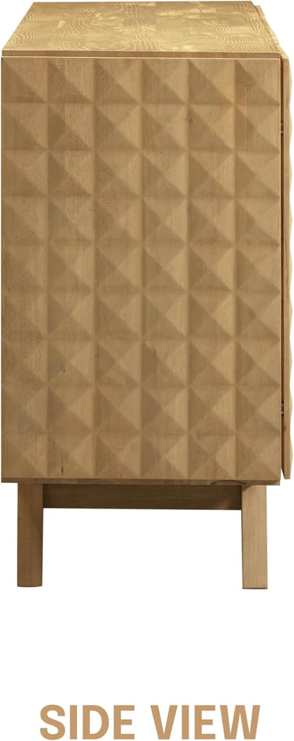 NTC Sapa Mid-Century Modern Solid Wood Sideboard – 4-Door Accent Buffet Cabinet with Carved Geometric Fronts, for Living Room, Dining Room, or Entryway, Effortless Assembly, Sand