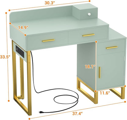 Vanity Desk with 4 Storage Drawers - Modern Makeup Vanity Table with Charging Station, Cyan Vanity Desk with Reversible Cabinet Dressing Table Set with Divided Organizers for Women Girls, Cyan & Gold