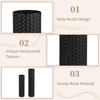 Sziqiqi Black Tall Floor Vase: 27.6/21.7in Metal Cylinder Vases Extra Large Decorative Vase Set of 2 Living Room Modern Honeycomb Texture Big Standing Decor for Dining Bedroom Home Corner Indoor