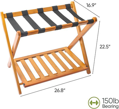 Fully Assembled Bamboo Luggage Racks, Foldable Suitcase Stand with 5 Nylon Straps, Luggage Stand with Shoe Shelf Ideal for Guest Room, Bedroom, Hotel, Honey Oak