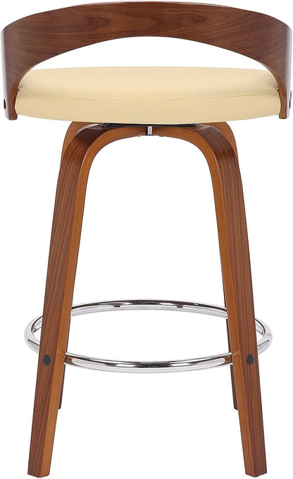 Armen Living Sonia 26" Counter Height Swivel Cream Faux Leather and Walnut Wood Bar Stool - Set of 2