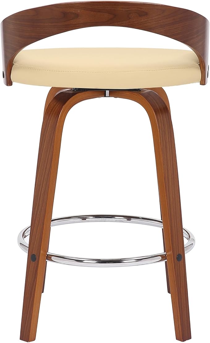 Armen Living Sonia 26" Counter Height Swivel Cream Faux Leather and Walnut Wood Bar Stool