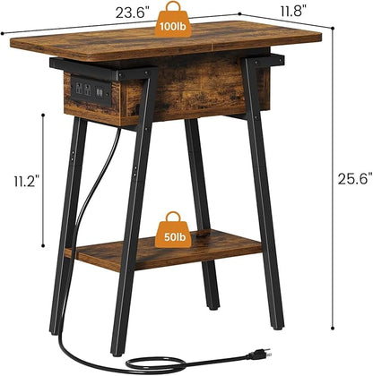 End Table with Charging Station, Flip Top Side Table with USB Ports and Outlets, Bedside Tables for Small Spaces,Nightstand with Storage Shelf for Living Room, Bedroom, Rustic Brown