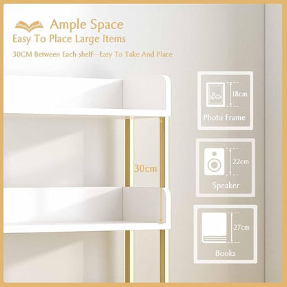 Wide Open Shelf Bookcase - Modern 4-Tier Floor Standing Display Bookshelf with Three-Side Baffles for Home and Office, Storage Shelving in Warm White with Gold Frame