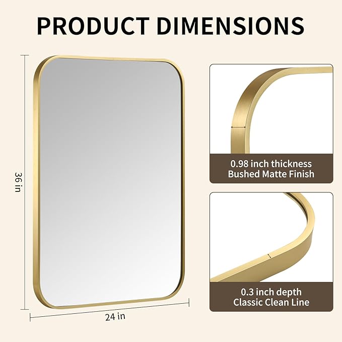 Gold Bathroom Mirror, 24x36 Inch Aluminum Frame Rectangle Mirror, Anti-Rust, Tempered Glass, Wall Mirror for Over Sink, Vanity, Bedroom, Entryway, Horizontal/Vertical