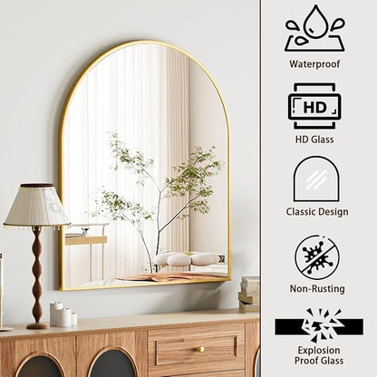Arched Bathroom Mirror, 32x34 Inch - Wall Mounted Vanity Mirror with Aluminum Alloy Frame - Ideal for Living Room, Bedroom, Bathroom, and Entryway, Hanging or Leaning, Gold
