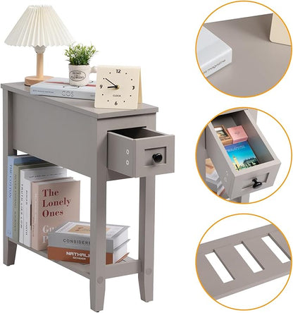 Gery 2 Pack Chairside Narrow End Table with Drawer, Solid Recliner Side Table with Storage Shelf, Slim Nightstand Bedside Table for Bedroom