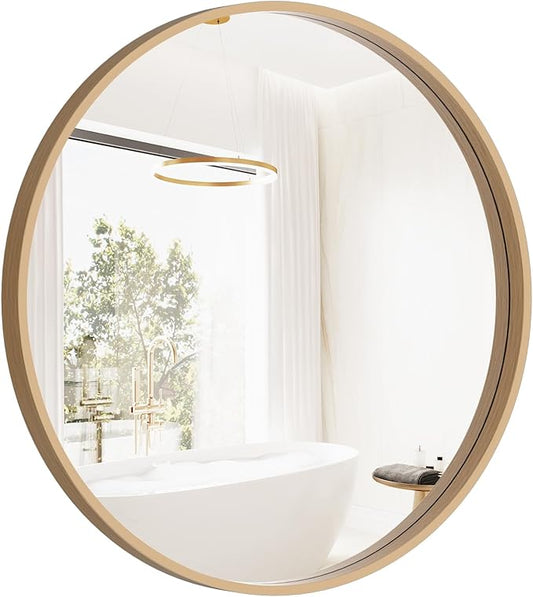 HOMECOOKIN Round Wood Mirror, 24" Round Bathroom Wall Mirror Circle Mirrors for Wall Decor, Vanity, Living Room, Bedroom, Entryway, Natural