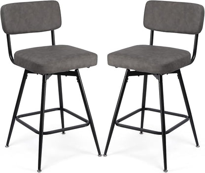 Swivel Counter Height Bar Stools Set of 2, Faux Leather Bar Stools with Back, Metal Legs and Footrest, 26" Seat Height Barstools for Kitchen Islands and Home Bars, Easy Assembly, Grey&Black
