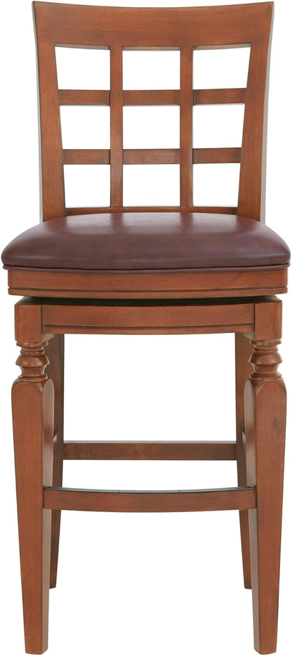 Alaterre Furniture Napa Bar Height Swivel Stool with Back – Faux Leather Upholstered Seat Barstool with Memory Return, Turned Wood Legs, Lattice Back Design, and Metal Kick Plate for Kitchen Islands