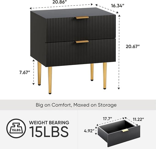 Night Stand, Black and Gold Nightstand with Fluted Panel, Bedside Table with 2 Drawer, Large Mid Century Modern Nightstand with Gold Leg, End Tables for Bedroom