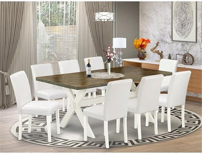 East West Furniture X077AB264-9 9 Piece Dining Room Furniture Set Includes a Rectangle Dining Table with X-Legs and 8 White Faux Leather Upholstered Chairs, 40x72 Inch, Multi-Color