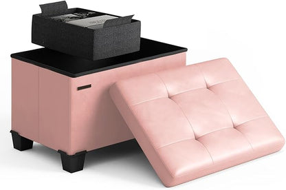 STORAGEBUD Storage Ottoman Cube with Small Bin, 16-in Square Ottoman with Storage for Living Room and Bedroom, Small Ottomans Foot Rest, Faux Leather Foot Stools Ottomans Max 330lbs, Pink