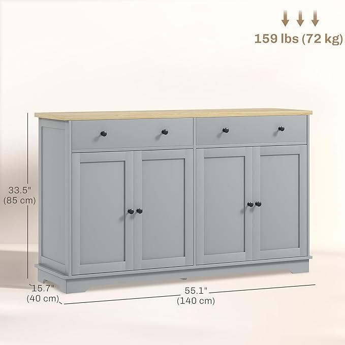 HOMCOM Sideboard Buffet Cabinet with Storage, 55" Modern Kitchen Cabinet with 4 Doors, 2 Drawers and 2 Adjustable Shelves, Coffee Bar, Gray
