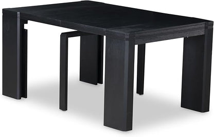 X07VE-BC6-50 - 10-Pc Dining Table Set a Kitchen Table with a coffee Table and wooden Bench & 7 Dark Gotham Grey Linen Fabric Dinner Chair, 39x120 Inch, Wire Brushed Black