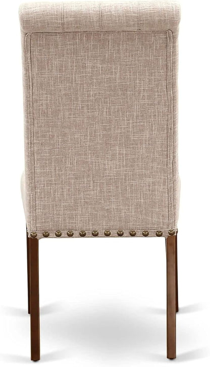 East West Furniture ESBR3-MAH-04 3 Piece Modern Dining Table Set Contains a Round Wooden Table with Pedestal and 2 Light Tan Linen Fabric Parson Dining Chairs, 30x30 Inch, Mahogany