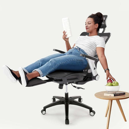 COLAMY Executive Mesh Office Chair with Footrest, Ergonomic Chair High Back with Adjustable Lumbar Support, Computer Desk Chair for Office/Work-Black