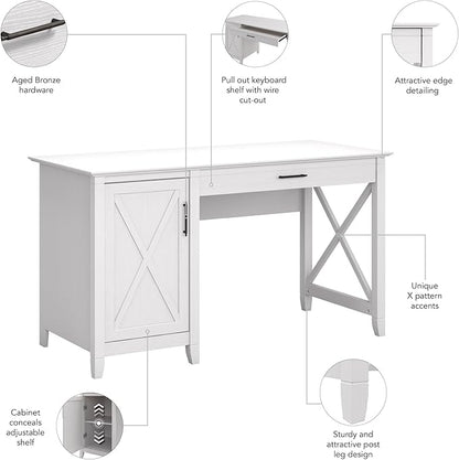 Bush Furniture Key West Computer Desk with Storage Farmhouse PC Table for Home Office in Pure White Oak 54W x 24D