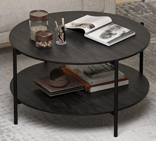 Round Coffee Table, 2-Tier 32.9" Circle Coffee Tables with Storage Wood Rustic Farmhouse Center Circular Coffee Table for Living Room Bedroom Balcony Office - Grey
